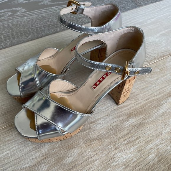 COPY - Silver Prada platform sandals with chunky heels - 70s vibe. size 6 - Picture 2 of 5